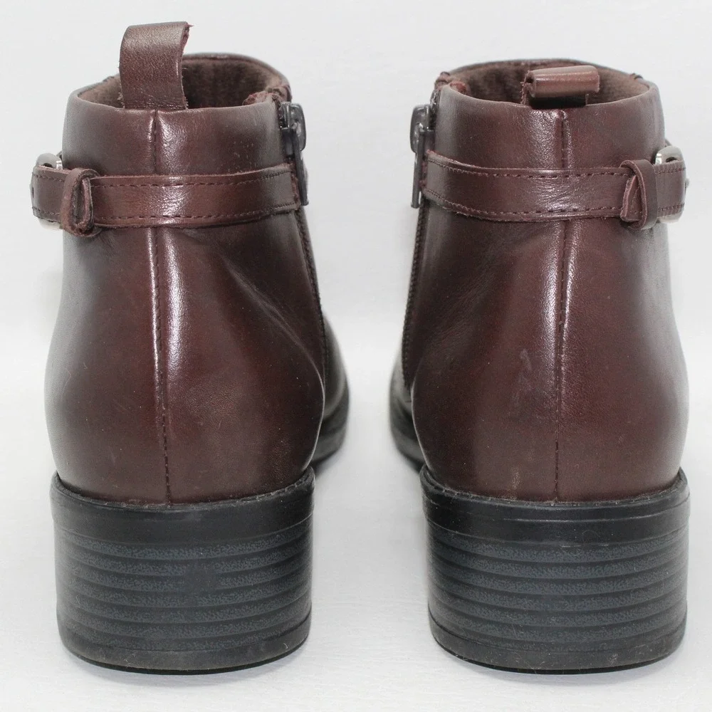 Clarks Womens 72886 Brown Leather Ankle Boots Side‎ Zip Buckle Strap 9.5M